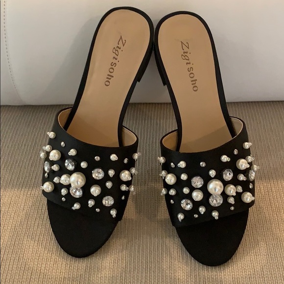 Zigi Soho Shoes - Black satin shoes with pearls and rhinestones.